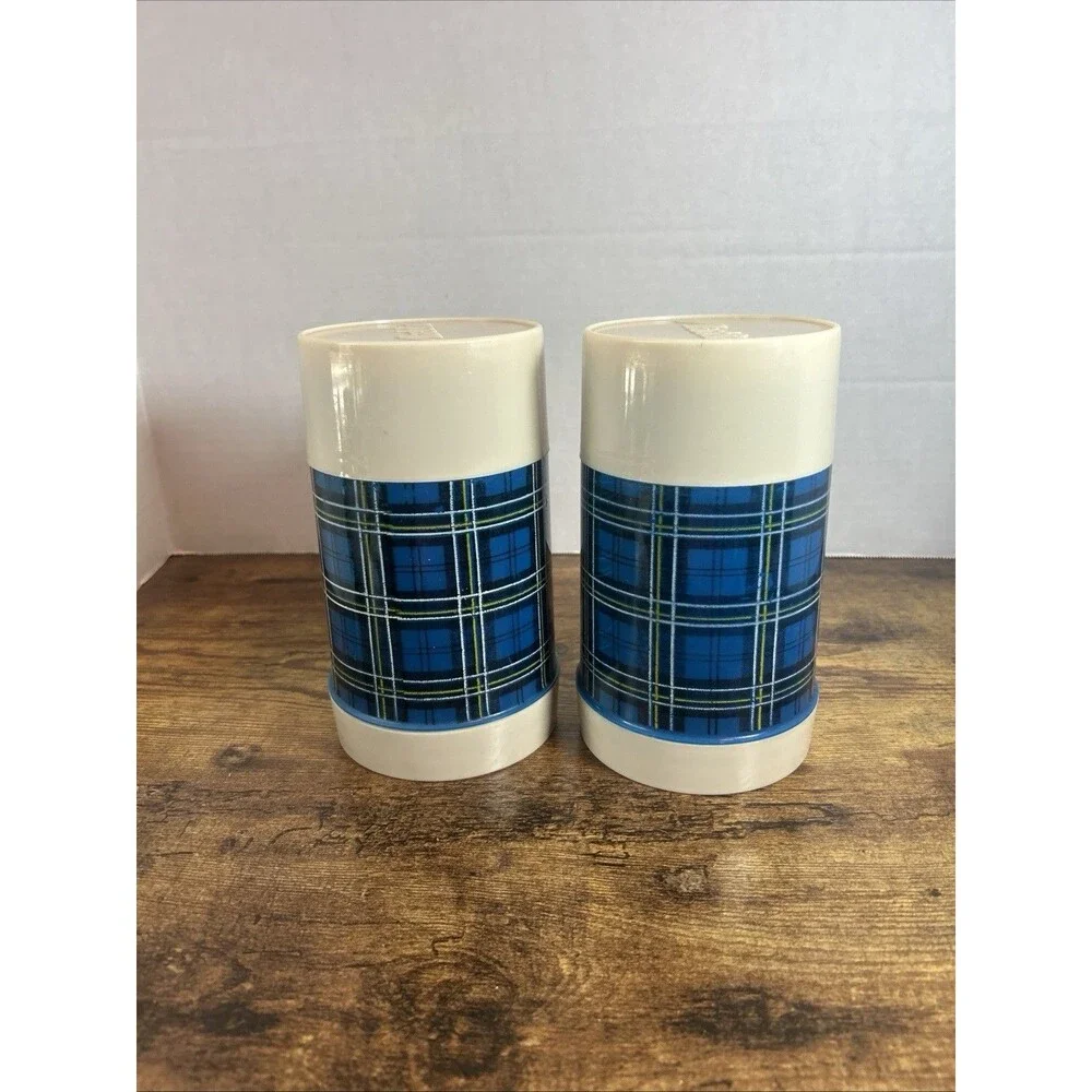 Vintage Aladdin Best Buy Blue Plaid Pint Wide Mouth Thermos Bottle USA Lot of 2